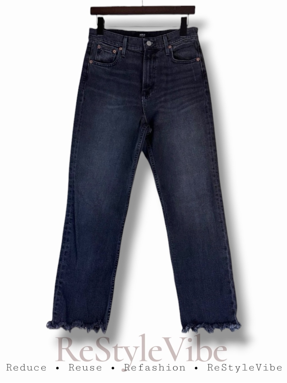 ABLE Women’s Size 28 Denim Jeans Raw Hem Black Wash High Rise Ankle Straight